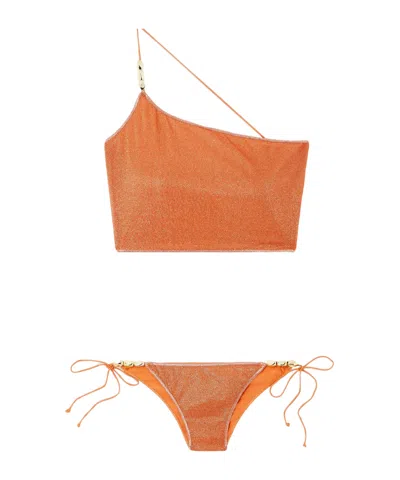 Oseree One-shoulder Metallic Bikini In Orange