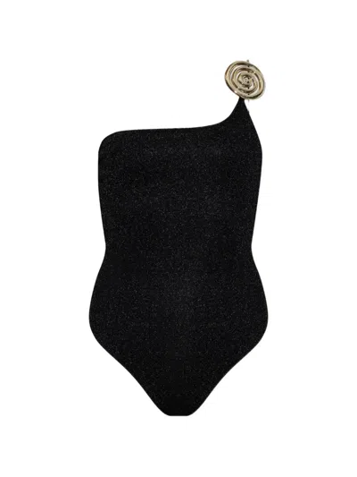 Oseree One-shoulder Spiral-detail Swimsuit In Black