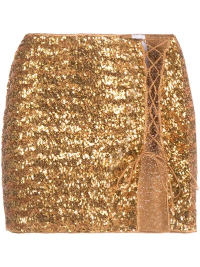 Oseree Lace-up Sequined Tulle Mini Skirt In Yellow & Orange