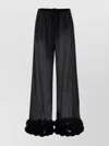 Oseree Feather-trimmed Velvet Wide-leg Pants In Black