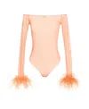 Oseree Feather Transparent Mesh Bodysuit Underwear And Body Pink In Nude