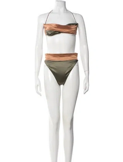 Pre-owned Oseree Pleated Accents Bikini In Green/neutrals