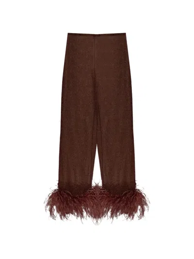 Oseree Plumage Feather-trim Trousers In Brown