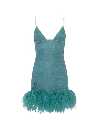 Oseree Plumage Feather-trim Lurex Mini Dress In Blue