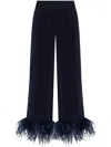 Oseree Feather-trimmed Velvet Wide-leg Pants In Blue