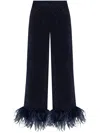 Oseree Feather-trimmed Velvet Wide-leg Pants In Blue