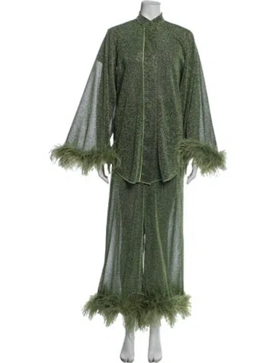 Pre-owned Oseree Printed Feather Trim Pant Set W/ Tags In Green