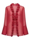 Oseree Rose-embellished Sheer Blouse In Red