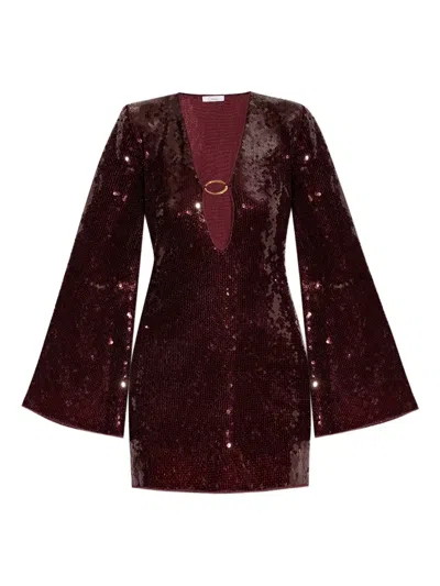 Oseree Sequin-embellished Deep-v Mini Dress In Burgundy