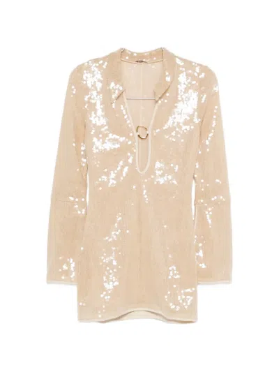 Oseree Sequin-embellished Ring-detail Mini Dress In Brown