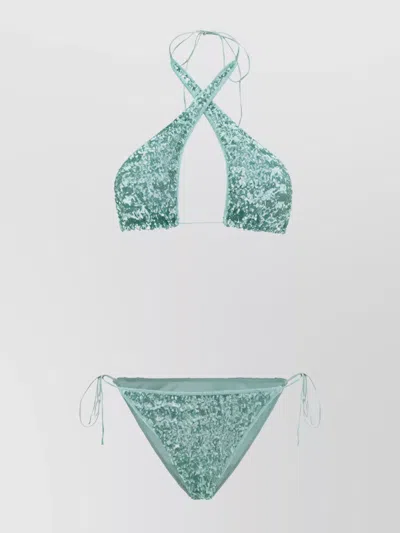 Oseree Sequin Embellished Triangle Bikini With Adjustable Side Ties In Green