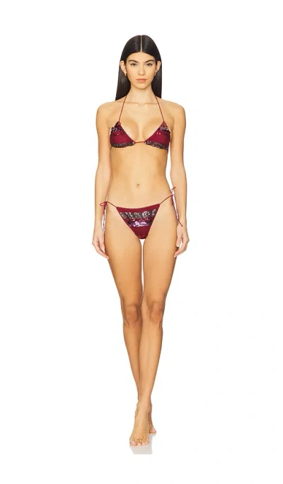 Oseree Sequin Striped Two Piece Bikini Set In Merlot