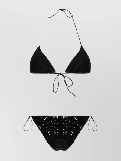 Oseree Sequins Embellished Triangle Top Microkini In Black