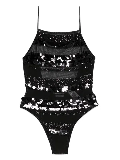 Oseree Sequins Stripe Swimsuit In Black