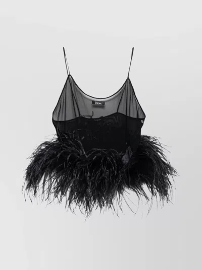 Oseree Sheer Mesh Plumage Spaghetti Strap Top In Black