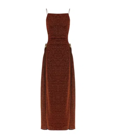 Oseree Oséree Shell-detail Lurex Maxi Dress In Brown
