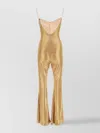 OSEREE SHINY JUMPSUIT WITH MESH PANEL AND FLARED LEG