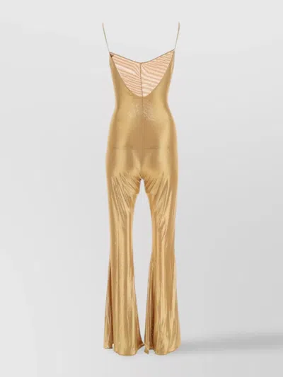 Oseree Shiny Jumpsuit With Mesh Panel And Flared Leg In Gold