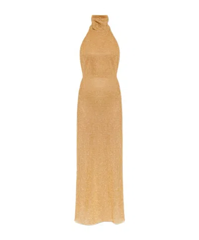 Oseree Roll-neck Ring-detail Maxi Dress In Gold