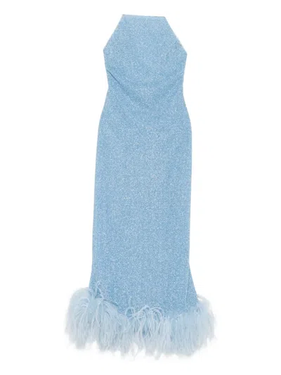 Oseree Spaghetti-straps Feather-trim Dress In Blue