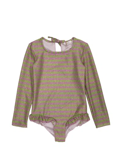 Oseree Kids' Striped Ruffled Swimsuit In Green