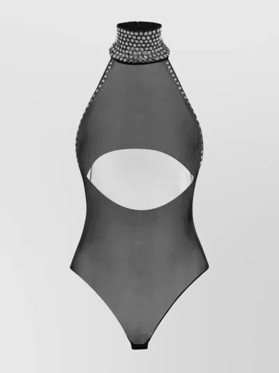 Oseree Studded Sheer Turtleneck Bodysuit In Black