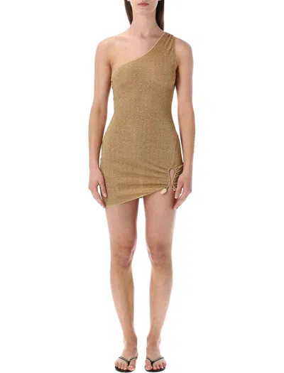 Oseree Lumiere One Shoulder Ruched Stone Dress In Brown