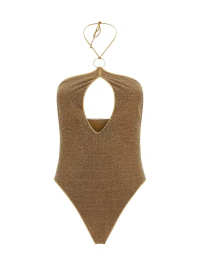 Oseree One-piece Swimsuit In Caramel-colored Lamé Fabric In Brown