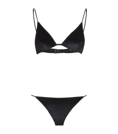 Oseree Velvet Triangle Bra And Thong Set In Black