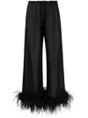 Oseree Feather-trimmed Velvet Wide-leg Pants In Black