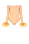 Oseree Feather Transparent Mesh Bodysuit Underwear And Body Pink In Orange