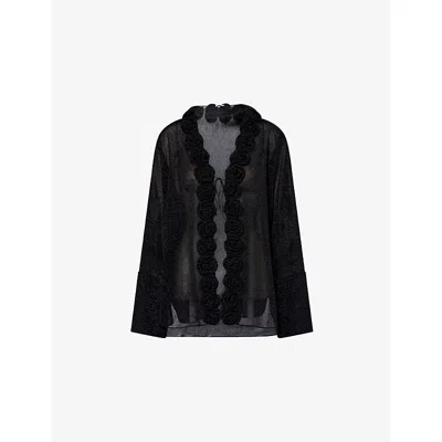 Oseree Womens  Lumière Rose-embellished Woven Blouse In Black