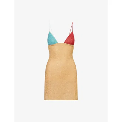 Oseree Womens Lumiere Colour-block Metallic-knit Dress Sea Turquoise Coral Gold In Neutral