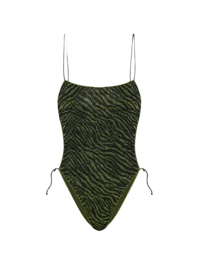 Oseree Zebra-print Lurex-thread Swimsuit In Green