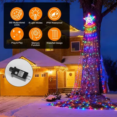 Oshana 1pc 11.48ft 350led Multicolored Christmas Star Waterfall Tree String Light Indoor Outdoor Waterproof