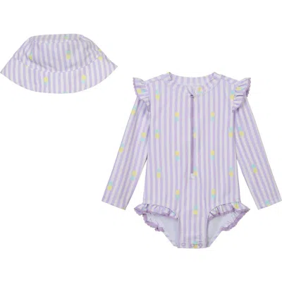 Oshkosh B'gosh Babies' Oshkosh Bgosh Pineapple Long Sleeve Rashguard Swimsuit & Hat Set In Purple