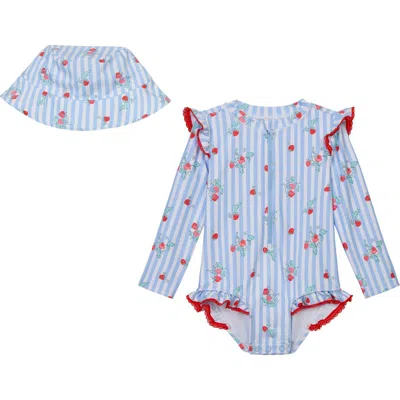 Oshkosh B'gosh Babies' Oshkosh Bgosh Ruffled Long Sleeve One-piece Rashguard Swimsuit & Hat Set In Blue