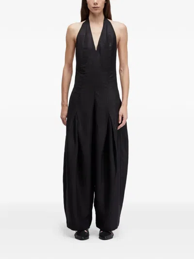 Osklen Halterneck Pleated Linen Jumpsuit In Black