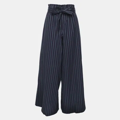 Pre-owned Osman Navy/green Stripe Cotton Culottes Pants M In Blue