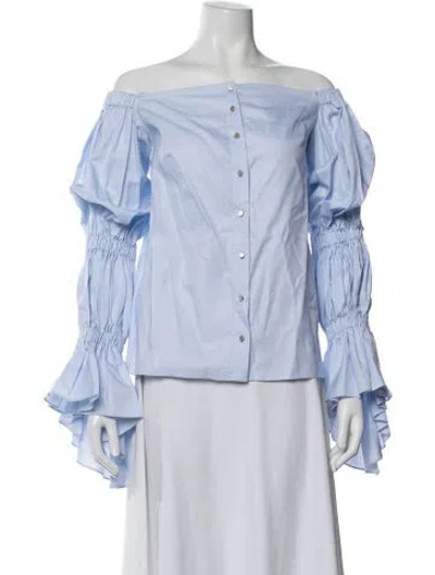 Pre-owned Osman Off-the-shoulder Long Sleeve Blouse In Blue