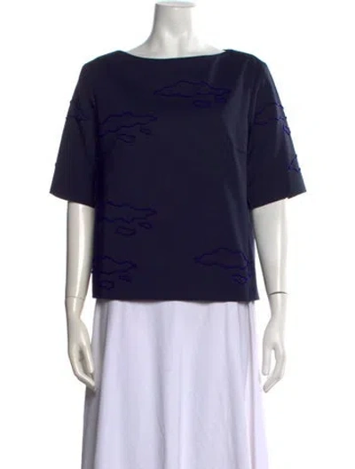 Pre-owned Osman Printed Bateau Neckline Top In Blue