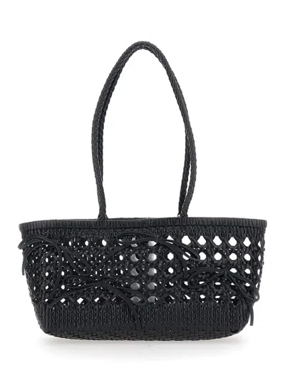 Osoi Biscuit Black Shoulder Bag With Double Round Handles And Braided Design In Leather Woman