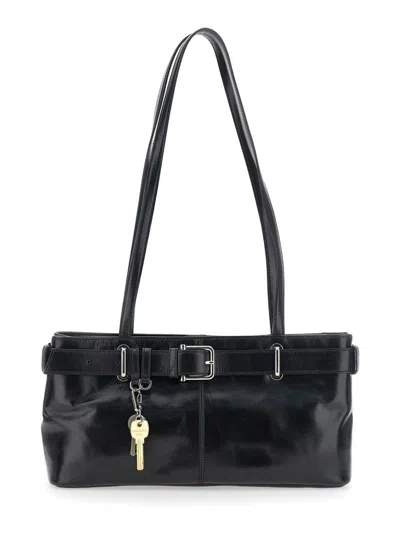 Osoi Black Shoulder Bag With Belt Detail And Pendant Keys In Leather Woman