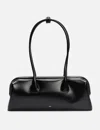 Osoi Boat Wide Mini Black Shoulder Bag With Round Handles And Logo Lettering On The Front In Leather Woma In Black