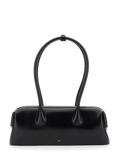 Osoi Boat Wide Black Shoulder Bag With Round Handles And Lettering Logo On The Front In Leather Woman