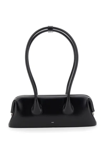 Osoi Boat Wide Mini Black Shoulder Bag With Round Handles And Logo Lettering On The Front In Leather Woma
