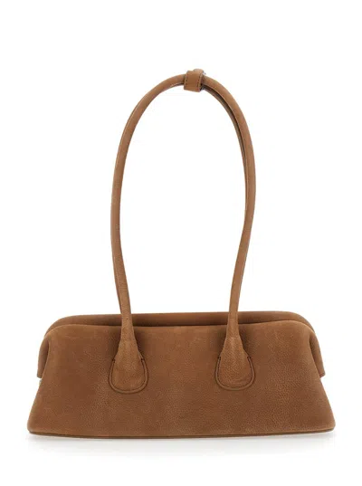OSOI 'BOAT WIDE MINI' BROWN SHOULDER BAG WITH ROUND HANDLES AND LOGO LETTERING ON THE FRONT IN NUBUCK LEA