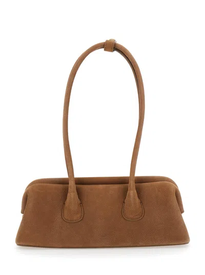 OSOI BOAT WIDE MINI BROWN SHOULDER BAG WITH ROUND HANDLES AND LOGO LETTERING ON THE FRONT IN NUBUCK LEATH