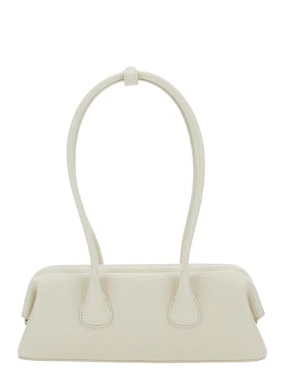 Osoi Boat Wide Mini White Shoulder Bag With Round Handles And Logo Lettering On The Front In Leather Woma