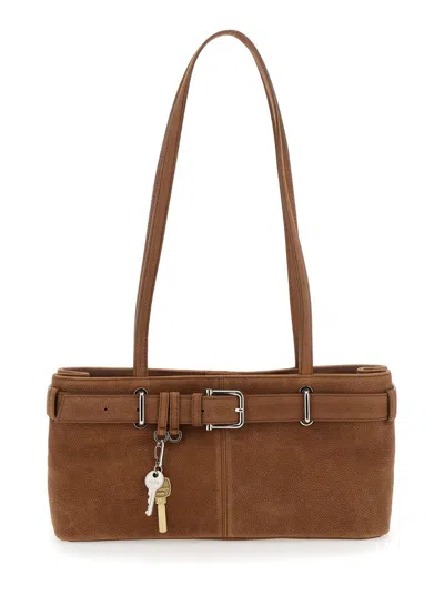 OSOI 'BROCLE' BROWN SHOULDER BAG WITH BELT AND PENDANT KEY DETAILS IN HAMMERED LEATHER WOMAN